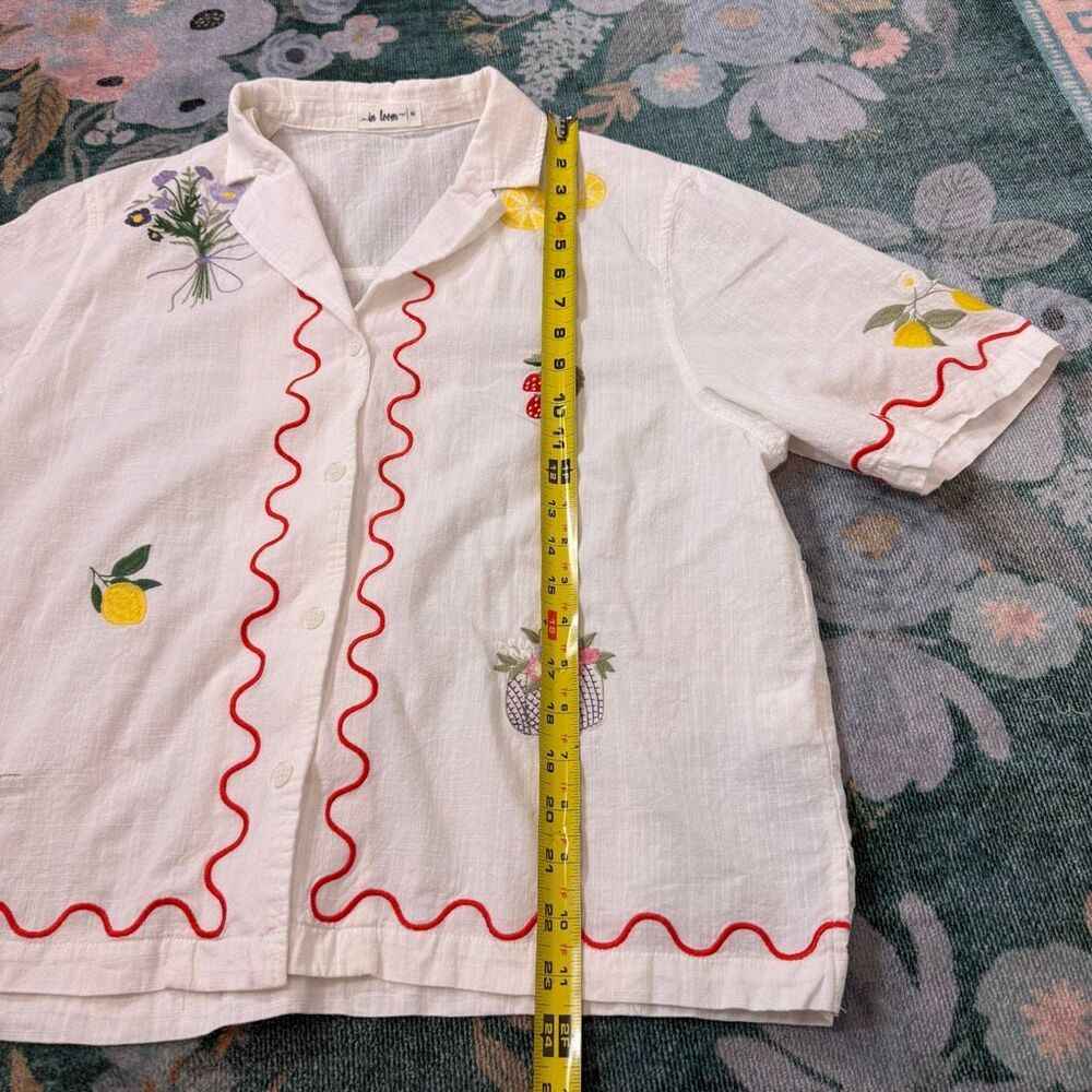 In Loom Embroidered Shirt Button Up Strawberry Lemon Picnic Short Sleeve Scallop - Picture 12 of 13